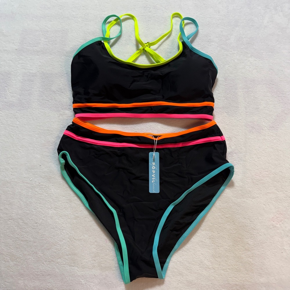 Popvil Bikini Set Women Size M Black Neon High Waisted Sporty Two Piece Swimsuit